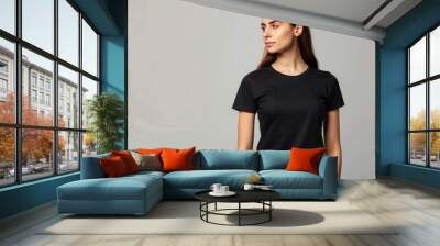 Young woman wearing black casual t - shirt. Side view, back and front view mockup template for print t - shirt design mockup Wall mural